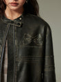 Vintage Bow Leather Zipper Jacket