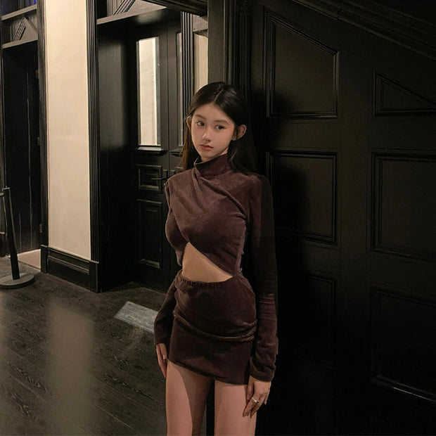 Brown Long Sleeve Top & Skirt Set