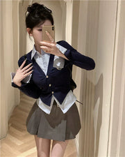 Navy Blouse Cardigan & Skirt Set