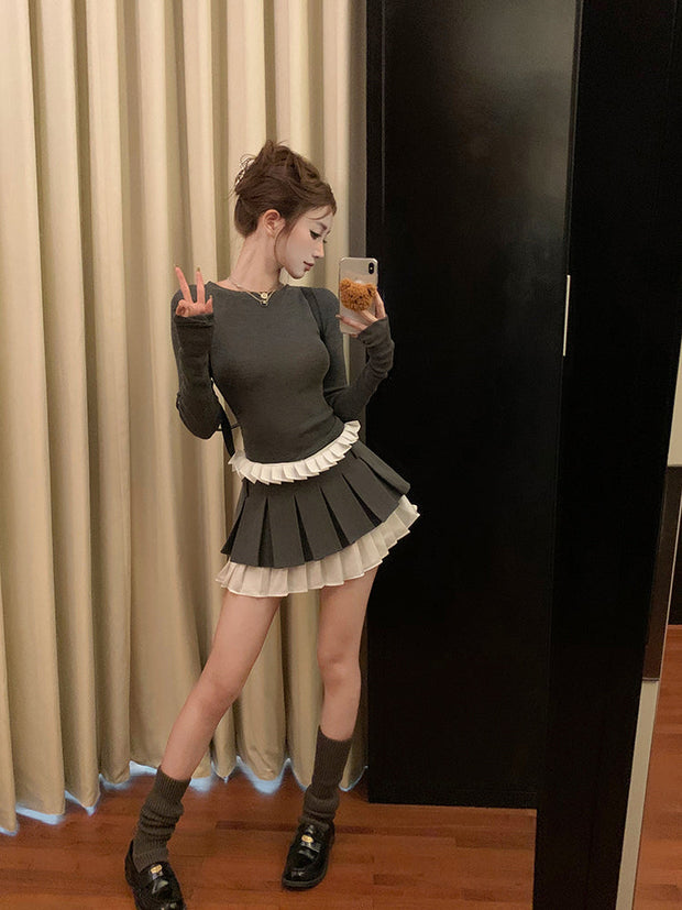 Layered Pleated Skirt & Sweater Set
