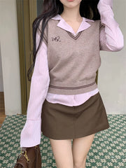 Pink Brown Vest Top & Skirt Set