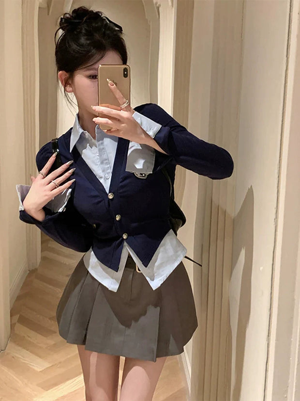 Navy Blouse Cardigan & Skirt Set