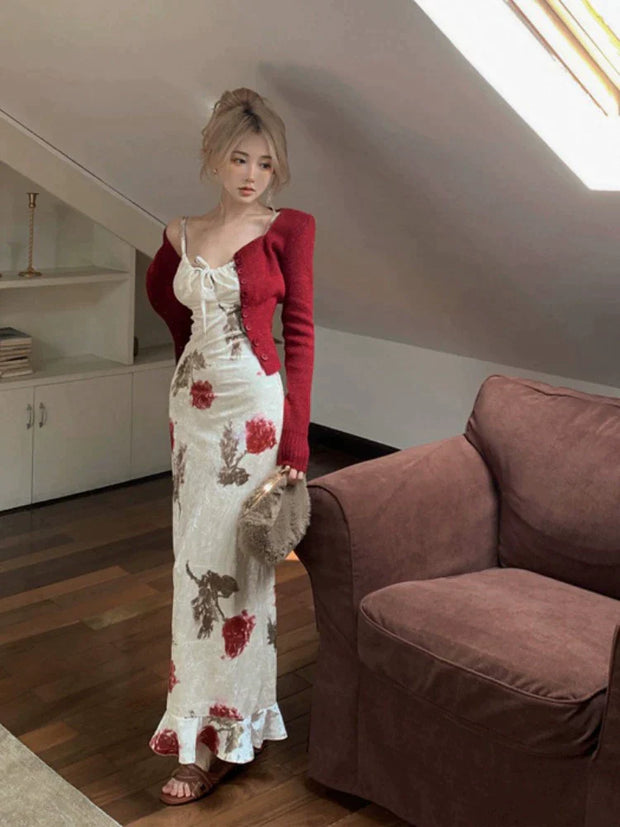Red Cardigan & White Flower Dress Set