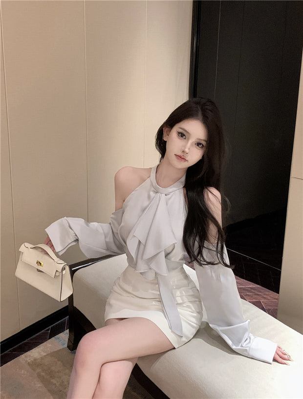 Silk Top & White Skirt Set