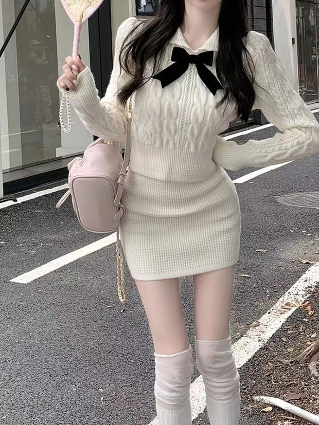 Bow Sweater Knitted Top & Skirt Set